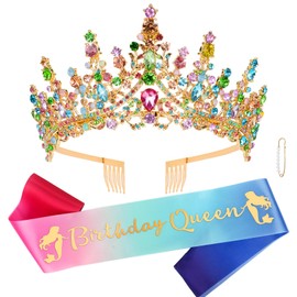 CURASA Birthday Queen Sash and Crown Colorful Birthday Sash for Women Girls Multicolor Birthday Crown Adult Woman Gold Birthday Tiaras for Girls Crystal Crowns Birthday Decoration for Party Gifts
