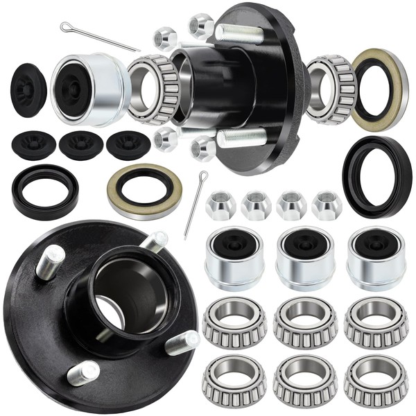 Niuohoy 2 Sets Trailer Hub Kit 4 Bolt 4 for 2000 lb Trailer Axle, Including L44643 L44649 Bearing, Grease Seal, Dust Cap and Rubber Plug, Lug Nuts Fits for 1" and 1-1/16" Trailer Axles #84 Spindle