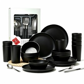 YARRGGU 24pcs Matte Black Dinnerware Set, Plates Bowls & Cups, Unbreakable Dishes for 8, Reusable BPA‑Free Tableware, Dishwasher Safe for Kitchen Party Picnic Camping, Bonus Cutlery Set Included