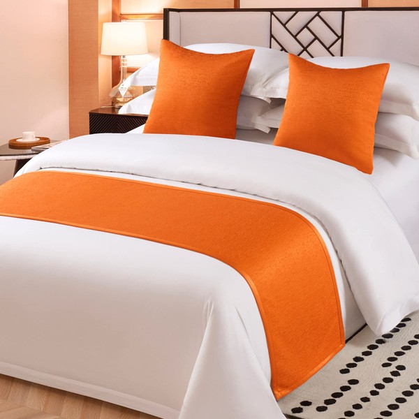 OSVINO Solid Bedding Scarf Luxury 100% Microfiber Anti-fade Bed Runner for Pets Bedroom Hotel Bedding Protector Slipcover, Orange, King