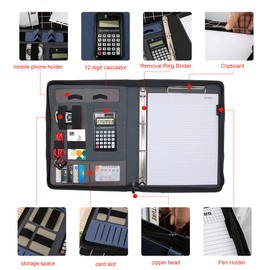 Leather Padfolio Portfolio, Business Conference Organizer Notepad Folder Bag for Women/Men(with Calculator, Black)