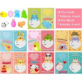 28Pcs Kids Valentines Cards With Glitter Mochi Squishy Toys Stress Relief Fidget Toys for Classroom Exchange 2025 Valentine Exchange Cards