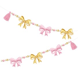 Gold Pink Bow Decorations Pre-Strung Felt Handmade Bow Banner Wool Felt Ball Gold Wooden Beads Bow Garland for Home Mantle Fireplace Nursery Kidsroom Decor Baby Shower Coquette Birthday Party Supplies