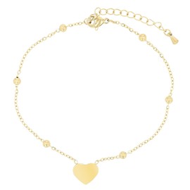 Akzent Fußkette Damen Edelstahl goldfarben ionenplattiert 21,5+5 cm verstellbar – Fußkettchen „Golda“ mit Herzanhänger & Edelstahlkugeln