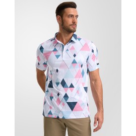 Obla Mens Golf Polo Shirts Short Sleeve Dry Fit Performance Moisture Wicking Casual Print Collared Golf Shirts for Men(White Pink Geometry_XXL)