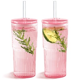 Puraville 20oz Glass Cups with Lids and Straws, 2 Pack High Borosilicate Iced Coffee Cups Drinking Glasses Tumbler for Smoothie, Water, Tea, Juice Drinks, Pink