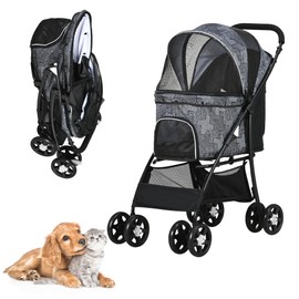Pet Stroller for Small/Medium Dogs and Cats - Lightweight Foldable Travel Carriage for Puppies, Doggies, Kitties, Bunnies with Storage Basket, Breathable Mesh & 4 Wheels - Up to 33 lbs (Black)