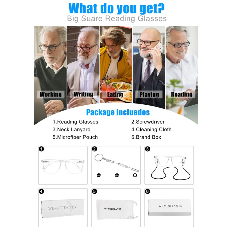 WEMOOTANTS Oversized 3.00 Reading Glasses Men Large Square Readers Fashion