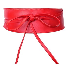irisaa Leather Waist Belt Women's Wide Obi Belt for Lacing Waist Belt Real Leather Tie Belt Party Belt Waist Band from Italy, red