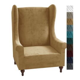 XINEAGE 1 Piece Velvet Wingback Chair Slipcover Stretch Wing Chair Cover Non Slip Furniture Protector with Foam Rods for Living Room (Wingback Chair, Camel)
