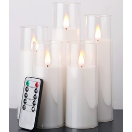 Amagic Pure White Flameless Candles, Battery Operated Candles, Flickering LED Pillar Candles with Remote Control and Timer, 3D Wick, Yellow and Blue Glow, Set of 5