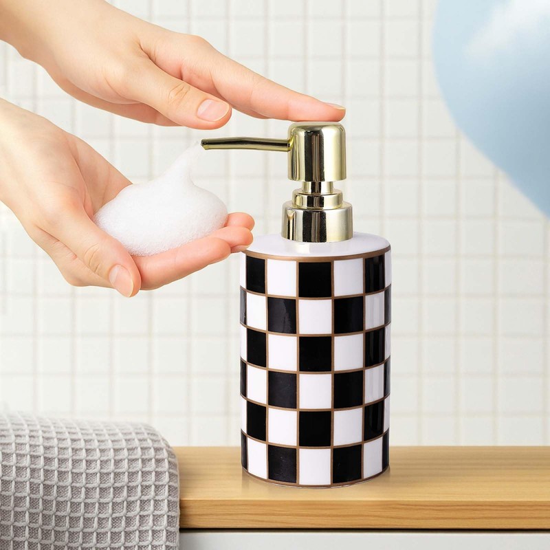 Bathroom Toothbrush Holder Set, Ceramic Checkered Soap Dispenser and Tooth