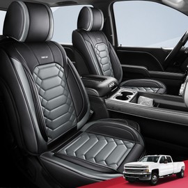 FREESOO Chevy Silverado Leather Full Set Seat Covers, Fit for 2014-2018 Silverado GMC Sierra 1500 2500 3500 Crew Cab Waterproof Truck Seat Covers BlackGrey