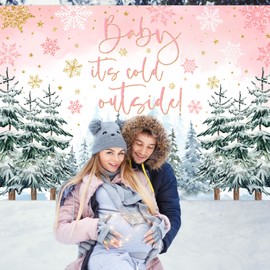 Avezano Winter Baby Shower Backdrop Baby It's Cold Outside Party Decorations Pine Tree Snowflakes Photography Background Gold and Pink Girl Gender Neutral Backdrop (Pink, 7x5ft)
