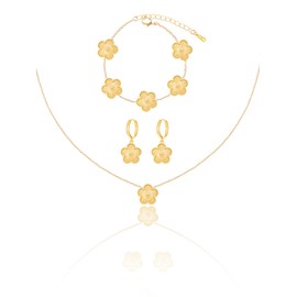 Qinpan Gold Plated Five Leaf Clover Dot Necklace Bracelet and Dangle Earrings Set for Women Lucky Flower Jewelry (Gold-14K Gold Plated)