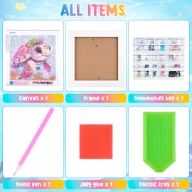 WuGU Children's Diamond Painting, 5D DIY Diamond Painting Pictures with Frame, Crystal Diamond Painting, Turtle Pictures, Arts Craft for Home Decoration and Gifts, 18 x 18 cm