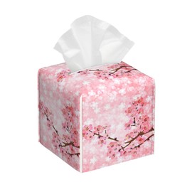 Pink Cherry Tissue Box Holder,Spring Blossom Square Leather Tissue Box Cover with Bottom Belt,Waterproof Modern Napkin Holder Organizer for Car Bathroom Vanity Office Tabletop,5.2" x 5.2" x 5.2"