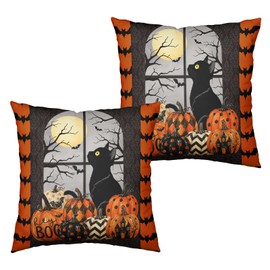 Halloween Pillow Covers Spooky Pumpkin Throw Pillow Covers 18x18 Set of 2 Black Cat Boo Pillow Cases Full Moon Bat Cushion Cases for Living Room Bedroom Patio Porch Garden