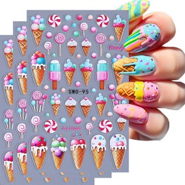 3 Sheets Lollipop Ice Cream Nail Art Stickers Spring Summer Nail Stickers 3D Self-Adhesive Nail Decals for Nail Art Cute Nail Supplies for Women Girls Manicure Decorations
