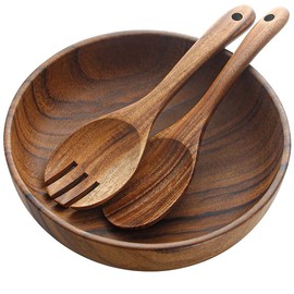 AOOSY Salad Bowl and Salad Servers Set, Acacia Wood, 9.8 inch, Wooden Salad Bowl with Wooden Serving Spoon Set, Salad, Mixing Fork and Spoon, Bowl Bowl Kitchen Utensil Set