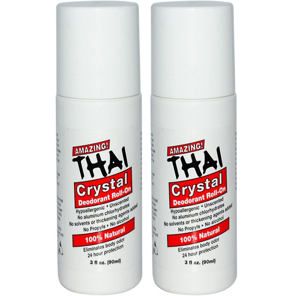 Thai Crystal Deodorant Stone All Natural Roll-On Deodorant For Body, Face and Feet -- Unscented, Aluminum Free & Organic With No Aluminum, Solvents, Parabens, Propyls, or Alcohol, 3 fl oz. (Pack of 2)
