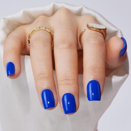 Press On Nails with Glue - Findigit Short Square Blue False Glue On Nails, Reusable Stick On Fake Nails with Glue Salon Quality 16 Sizes - 32 Nail Kits, Square Blue