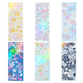 NICENEEDED 6 Sheets Colorful Star Stickers, Star Pattern Kpop Ribbon Deco Stickers, Craft Sticker Kits for Photocards Craft Scrapbook Making Albums