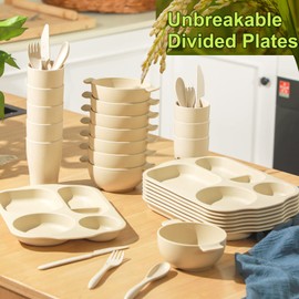 Weewooday 48 Pcs Wheat Straw Tableware Set for 8 Wheat Dinnerware Cutlery Include 8 Divided Dinner Plate 24 Spoon Knife Fork 8 Cup 8 Bowl Reusable Unbreakable Dishwasher for Kids Adult (Beige)