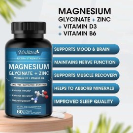 Mulittea 3PACK Magnesium Glycinate Capsules 500mg with Vitamin D3 Vitamin B6 & Zinc