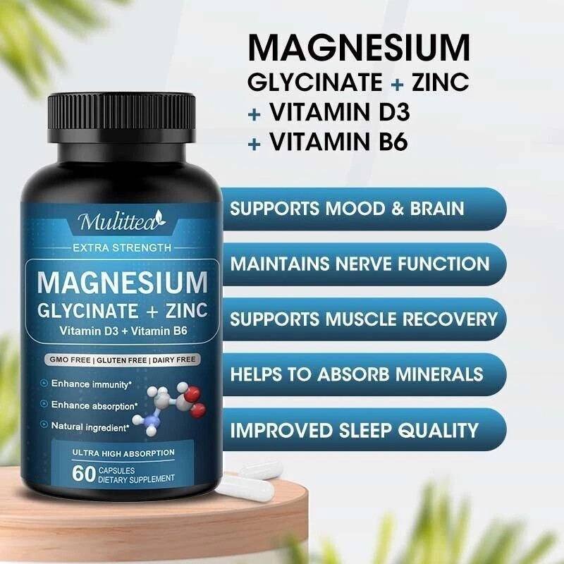 Mulittea 3PACK Magnesium Glycinate Capsules 500mg with Vitamin D3 Vitamin
