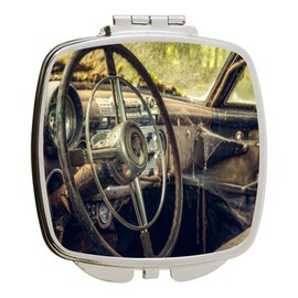 Island Gifting - Vintage Car Steering Wheel Design - Square Compact Mirror - Travel Mirror