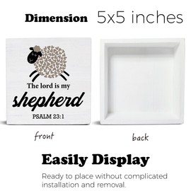 Christian Desk Decor the Lord Is My Shepherd Bible Verse Wooden Sign, Easter Decorations for the Home, Easter Religious Wooden Plaque Block Sign Rustic Home Living Room Decor 5 x 5 Inches