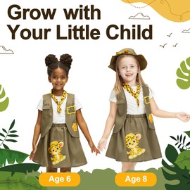 IKALI Girls Explorer Costume, Safari 4 Piece Vest Skirt Scarf Hat Kit for Kids Outdoor Adventure Zoo Keeper 3-4 Years