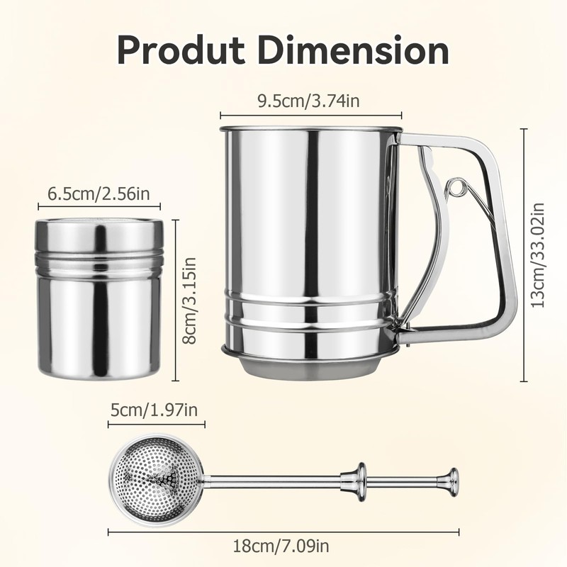 Flour Sifter, 3 in 1 Stainless Steel Sifters for Baking,