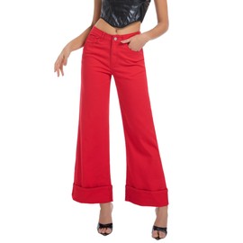 Women's Wide Leg Cuffed Jeans High Waisted Stretchy Casual Comfort Fit Denim Pants RedLarge