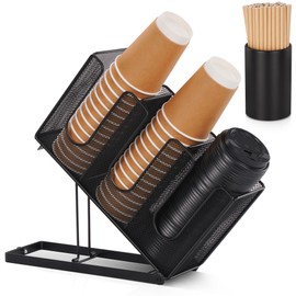 Cairondin Paper Cup and Lid Holder with Straw Organizer, Disposable Coffee Cup Dispenser for Countertop Coffee Station Bar Restaurant Breakroom, Black