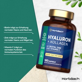 Hyaluron Kollagen Kapseln Hochdosiert Komplex mit Biotin, Zink, Selenium & Vitamin C | Hyaluronsäure Beauty Complex | für Haut, Haare, Nägel | 180 Stk | Horbaach