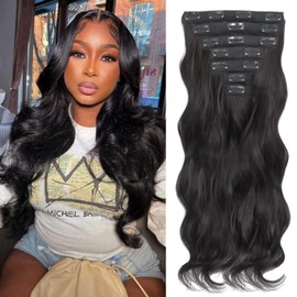 Looxey Clip in Hair Extensions for Women, 7 PCS Long Wavy Curly Clip on Hair Extensions 20 Inch Natural Black Soft Synthetic Hairpieces Thick Double Weft Wavy Hair Piece Daily Use