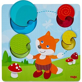 HABA 305346 Feeling Puzzle Fox, Wooden Toy with Textile from 12 Months, Frame Puzzle for Feeling Promotes Fine Motor Skills and the Sense of Touch