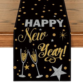 Artoid Mode Cheers Black and Gold 2025 Happy New Year Table Runner, Xmas Winter Holiday Kitchen Dining Table Decoration for Indoor Outdoor Home Party Decor 13 x 36 Inch