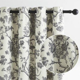 Melodieux Vintage Floral Cotton Blackout Curtains for Living Room, Bedroom French Farmhouse Country Drapes Thermal Insulated Toile de Jouy Grommet Curtains, 52 by 96 in, Black Onyx, 2 Panels