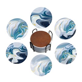 Coasters Set of 6,Bule Marble Style Ceramic Drink Coaster with Holder,Absorbent Coasters with Cork Backing for Table Protection,Suitable for Kinds of Cups,Housewarming Gifts for New Home
