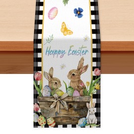 13x72 Inches Happy Easter Table Runner with Bunny Rabbit Easter Eggs Flower for Spring Party Home Kitchen Table Decorations