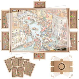 BuilderButler 1500 Pieces Rotating Puzzle Board with 6 Drawers, 34.25"x25.2" Portable Wooden Jigsaw Puzzle Table with Lazy Susan and Cover