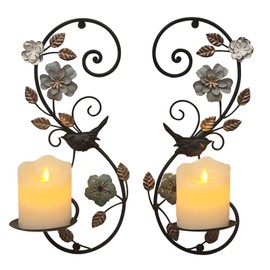 Birminwind Farmhouse Wall Candle Sconces Set of 2 - Distressed Candle Holder Wall Mounted for Pillar - Vintage Metal Decor with Flower Leaves for Hallway Fireplace Bedroom Living Room