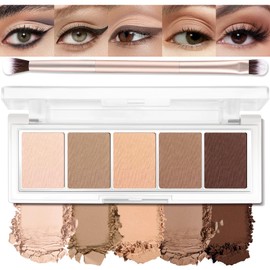 LSxia 5 Colors Matte Eyeshadow Palette with Brush - Neutral Nude Taupe Brown Eye Shadow Palette Makeup, Natural Waterproof Cool-Toned Eyeshadow for Green & Blue & Brown Eyes and Smokey Makeup, 01#