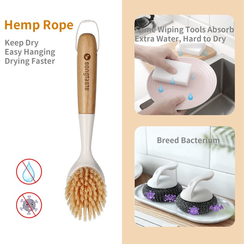 2 Pack Kitchen Dish Brush Bamboo Handle Dish Scrubber Built-in