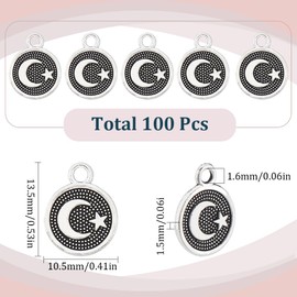 SUNNYCLUE 1 Box of 100 Silver Moon and Star Charms Crescent Moon Charm Large Tibetan Alloy Plated Beads Made of Metal Round Charm for Jewellery Making Charms Accessories DIY Necklace AR