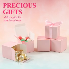 COTOPHER 100pcs Wedding Favor Boxes, Paper Gift Boxes 3x3x3 Inches Small Gift Boxes with Ribbons Small Boxes for Gifts, Crafting, Cupcake, Candy, Bridesmaid Proposal Boxes，Easy Assemble Boxes (Pink, 100)