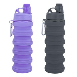 YCTMALL Collapsible Water Bottles Two Pack Travel Sports Portable Sport Water Bottle comes with mountaineering Buckle 500ml silicone Water-proof camping water bottle (Purple and Grey Color) | YCTMALL